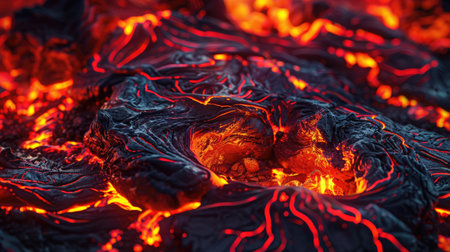 Molten marvel: Detailed shot of red-hot lava with intricate textures, capturing the raw power and dynamic movement of molten rockの素材