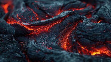 Molten marvel: Detailed shot of red-hot lava with intricate textures, capturing the raw power and dynamic movement of molten rockの素材