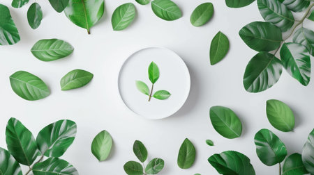 Stylish flat lay with a white round podium mockup, surrounded by green leaves, ideal for organic cosmetic product advertisements, trendy minimalist designの素材