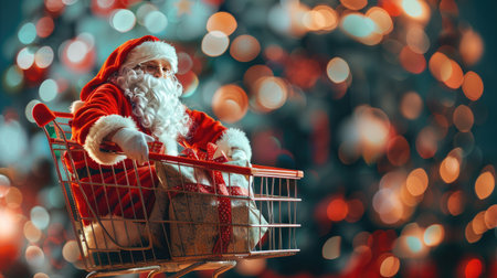 Santa Claus with a sack of gifts sits on a red shopping cart against a blurred bokeh light background, capturing the essence of Christmas holiday shopping excitementの素材