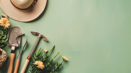 Flat lay of gardening tools with space for textの素材