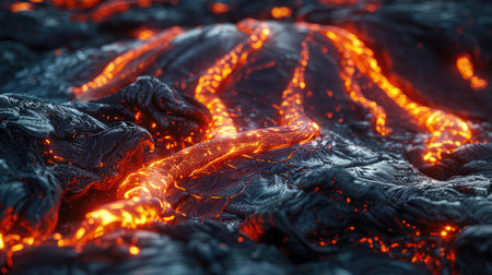 Lava landscape: Close-up of molten lava, highlighting the glowing, fluid textures and the intense heat of the magmaの素材