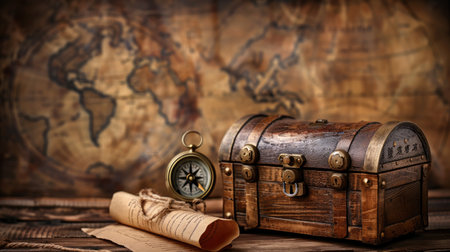 A treasure chest with a scroll and compass, set on a wooden table with space for text in the background.の素材
