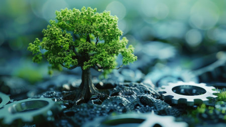 Interconnected gears evolving into a growing tree, symbolizing technological advancement and environmental health.の素材