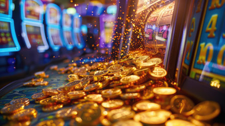 Slot machine hitting the jackpot, with coins spilling out onto the casino floor.の素材