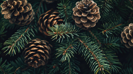 Close-up of pine cones nestled amidst green needles, providing a rustic background for text overlay.の素材