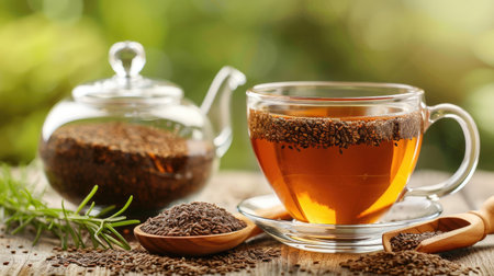 Inviting scene of freshly brewed cumin tea in a glass cup, served alongside a glass teapot and wooden spoon with cumin seeds.の素材