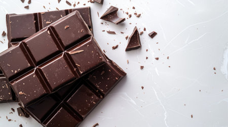 Rich dark chocolate bars placed on a clean white background, highlighting their smooth texture and deep color.の素材