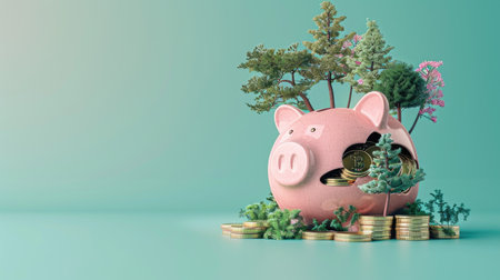 Pink piggy bank with gold coins and trees emerging from slots, isolated on a solid teal background, representing eco-friendly investment.の素材