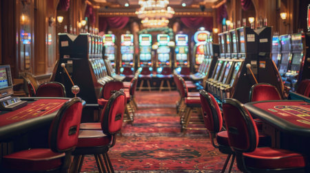 A quiet, empty casino hall with rows of slot machines and poker tables devoid of players.の素材