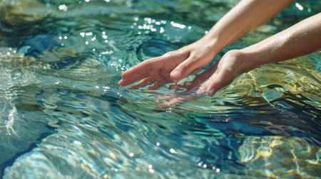 Hands gently touching the crystal-clear water surface of a natural river, showcasing purity and connection with nature.の素材