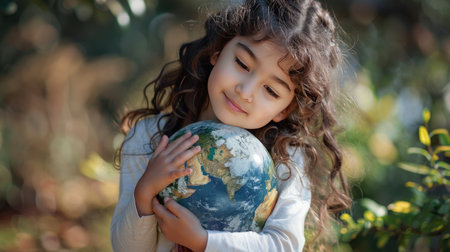 Young girl holding a globe close, showing love and dedication to preserving the earth.の素材