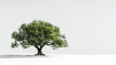 Majestic oak tree standing alone on a pristine white background, showcasing its sprawling branches and lush foliageの素材