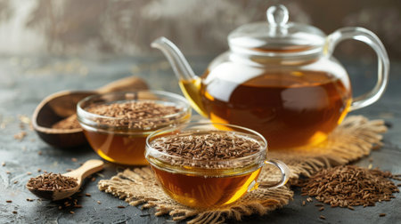Captivating image of herbal cumin tea in a glass cup and teapot, accompanied by a wooden spoon filled with fragrant cumin seedsの素材