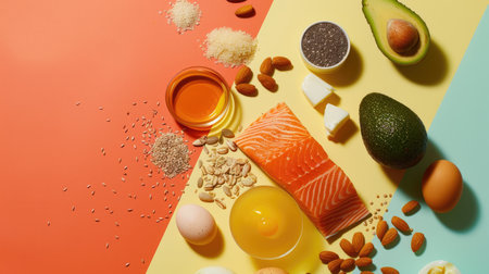 Mouth-watering assortment of keto diet staples - salmon, avocado, eggs, nuts, and seeds - showcased on a brightly colored background, inviting viewers to embrace a healthy lifestyleの素材