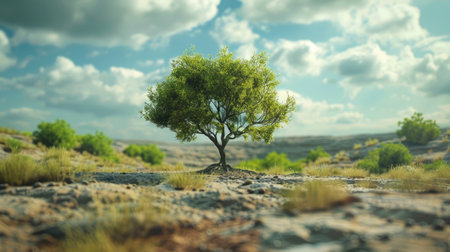 An impactful scene showing a tree thriving in a dry, barren landscape surrounded by lush greenery, symbolizing resilienceの素材