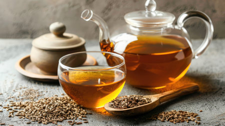 Glass cup and teapot filled with aromatic cumin tea, accompanied by dried cumin seeds in a rustic wooden spoon.の素材