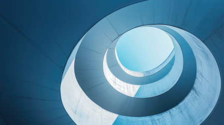 Minimalist design with an interesting spiral architectural motif against a serene blue backdropの素材
