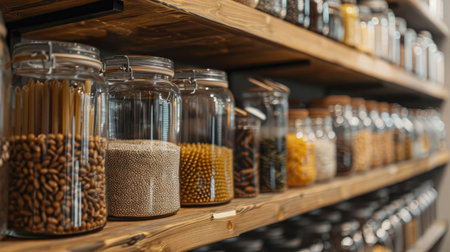 Organized pantry: Shelves neatly lined with glass jars filled with dry foods such as pasta, grains, and legumes, showcasing a well-stocked kitchenの素材