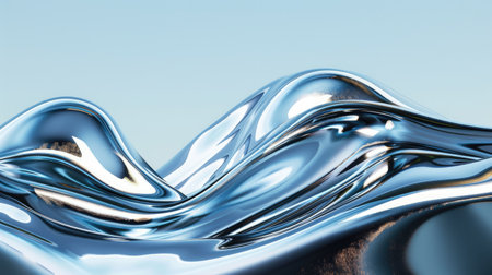 Reflective surface of liquid chrome waves against a blue background, embodying modern elegance.の素材