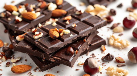 Dark chocolate with nuts and fruits on a white background, combining rich flavors with a visually appealing setup.の素材