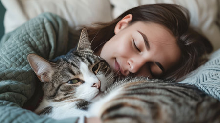 Young woman cuddling her adorable cat on a cozy couch in the living room at home, capturing the essence of domestic pet companionship and relaxationの素材