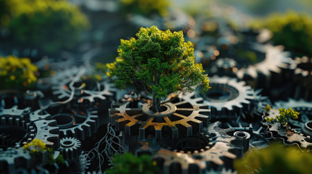Dynamic gears in motion, culminating in the growth of a lush tree, merging industry with natureの素材