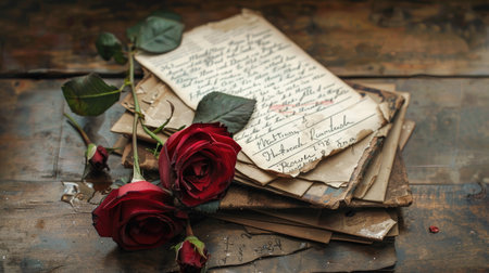 Romantic reflections: Vintage love letters and roses together, symbolizing a nostalgic look at love stories and cherished memoriesの素材