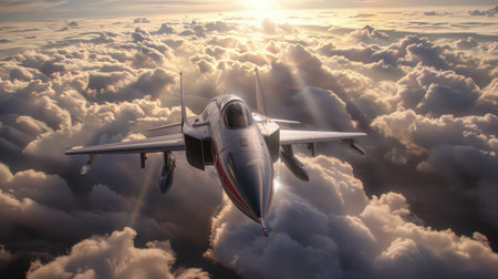 Cutting through the sky: High-speed jetfighter maneuvering above the clouds, capturing the thrill and intensity of flightの素材