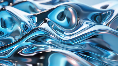 Fluid chrome waves in a mesmerizing blue, capturing liquid motion in a sleek 3D illustration.の素材