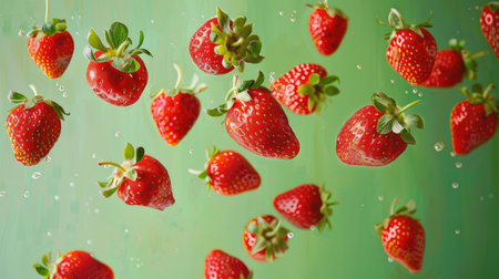 Fresh, succulent strawberries showcased against a bright green background, evoking the essence of summertime sweetnessの素材