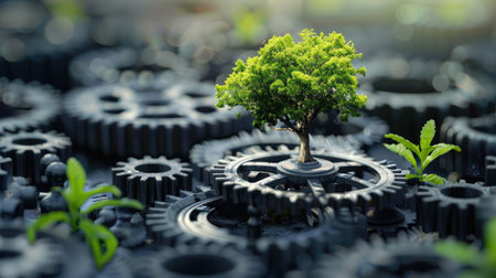Mechanical gears in motion with a tree sprouting from them, representing innovation and nature.の素材