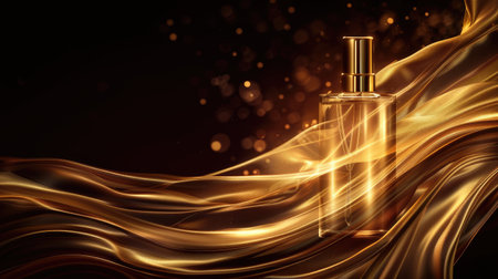 Glamorous cosmetic advertisement featuring a golden translucent bottle with flowing satin details, set against a dramatic dark backdropの素材