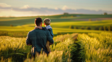 Father and son walking through vibrant green wheat fields, with the dad carrying his boy on his shoulder, enjoying a sunny day outdoors in nature's embraceの素材