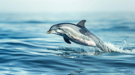 Majestic dolphin gracefully surfacing above azure waters, its sleek form gliding effortlessly in its natural habitatの素材