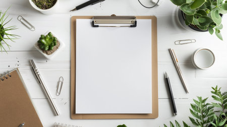 Blank paper sheet on a clipboard with office suppliesの素材