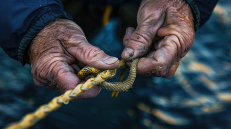 Close-up of a fisherman's hands tying a knot on a fishing line, with focus on details of preparation before casting into the waterの素材