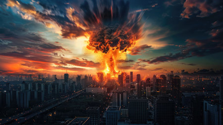 Epic mushroom cloud rising from atomic blast over city skyline engulfed in chaosの素材