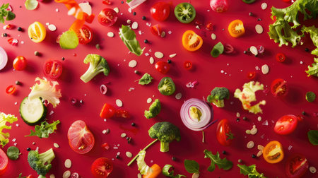 Colorful vegetable salad components floating against a deep red background, enticing with their vivid hues and wholesome goodnessの素材