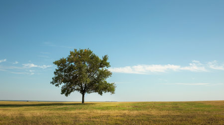 Serene scene of a solitary tree standing tall in an open field, portraying tranquility and natural harmony.の素材