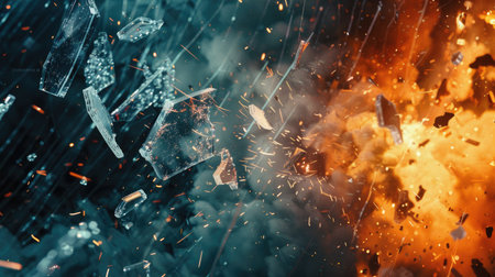 Close-up of shattered glass pieces mid-explosion, contrasting sharply with a dark, ominous background.の素材