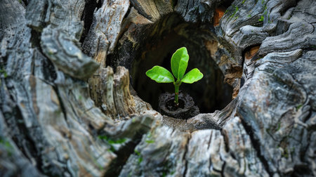 Fresh sapling growing inside an old, dead tree, showcasing the enduring cycle of life and nature's persistence.の素材