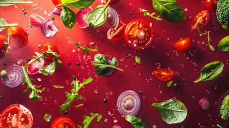 Colorful vegetable salad components floating against a deep red background, enticing with their vivid hues and wholesome goodnessの素材