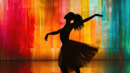 Capture the essence of movement and rhythm with a dancer's silhouette against a colorful backgroundの素材
