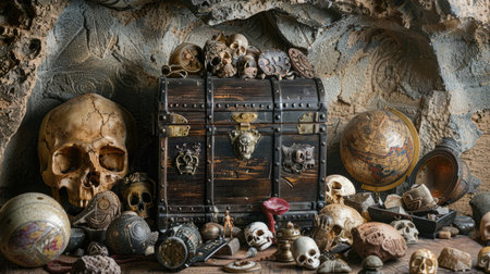 Treasure chest surrounded by ancient artifacts, set against a stone wall background with room for text on the left.の素材