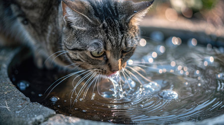 Tabby cat with bright eyes savoring water from a bubbling cat fountain, capturing the essence of hydrationの素材