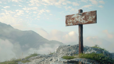 Blank signpost against a scenic backgroundの素材