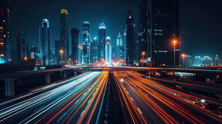 City nights: A bustling highway with glowing headlights and light trails from passing cars leads to a towering, illuminated city skyline, capturing urban energyの素材