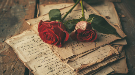 Romantic reflections: Vintage love letters and roses together, symbolizing a nostalgic look at love stories and cherished memoriesの素材