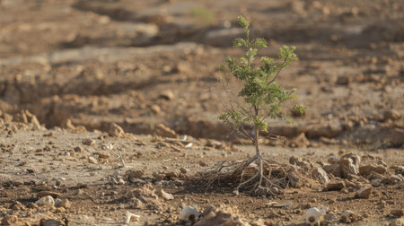 Young tree thriving in arid, barren soil with animal bones nearby, highlighting nature's endurance and tenacity.の素材